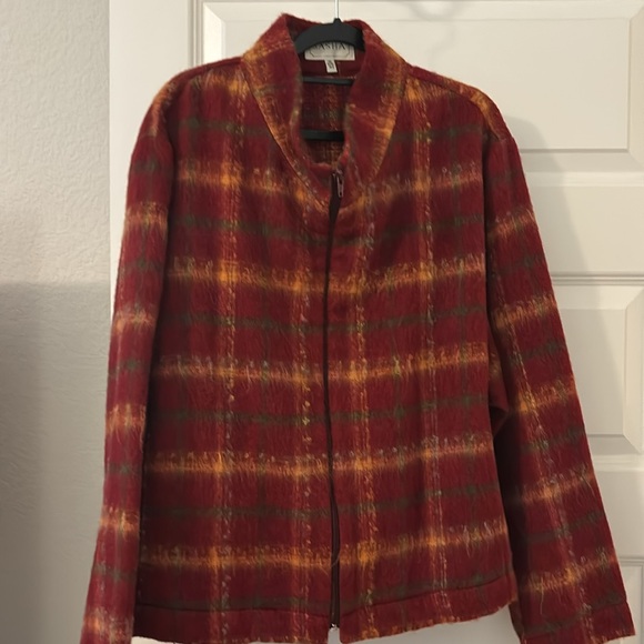 Sasha red fall leaves color wool blend jacket zipper sz 16 funnel neck plaid - Picture 3 of 16